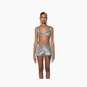 CHAR Workroom Woven Silver Sequin Mini Skort size s